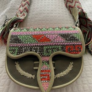 Leather bag with multicolor rhinestones